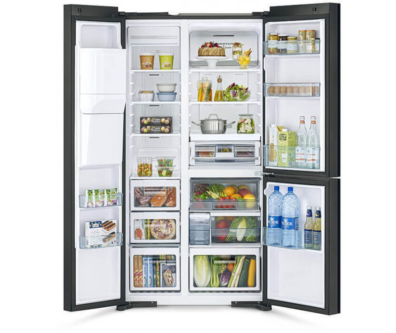 Hitachi Side by Side Kühlschrank R-MX700GVRU0-GBK , 3 Türen, 92 cm, 700 Liter, Schwarz Glas