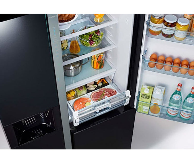 Hitachi Side by Side Kühlschrank R-MX700GVRU0-GBK , 3 Türen, 92 cm, 700 Liter, Schwarz Glas