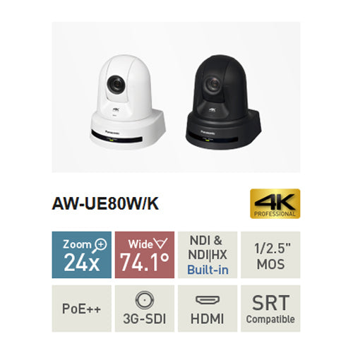 PANASONIC AW-UE80 - Caméra PTZ 4K UHD avec fonction panoramique et inclinaison (zoom optique 24x | objectif grand angle | stabilisateur d'image OIS + EIS | version 3G-SDI et HDMI | logiciel de suivi automatique | PoE++) - en blanc