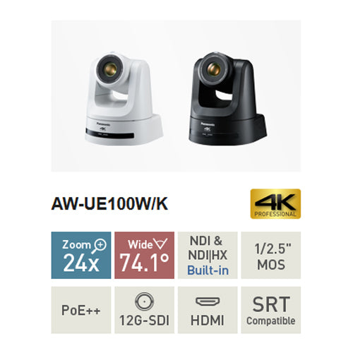 PANASONIC AW-UE100 - 4K UHD PTZ camera with pan &amp; tilt function (24x optical zoom | 2160/50p | wide-angle lens | OIS + EIS image stabilizer | 12G-SDI/3G-SDI/HD-SDI/HDMI | NDI + SRT support | PoE++) - in black