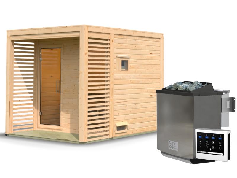 Karibu Saunahaus Angkor 2, 38 mm naturbelassen -inkl. 9 kW Bioofen ext. Steuerung-