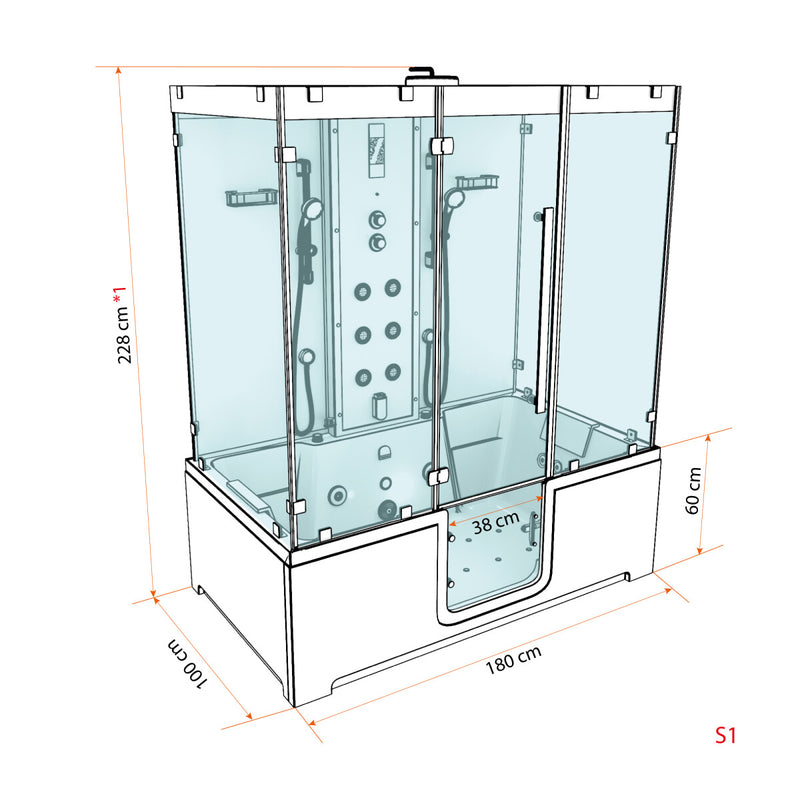 Acqua Vapore Kombination Badewanne Dusche K88-SW-EH-A-EC-SC-EA Duschtempel 100x180 cm Schlauchreinigung + Scheibenversiegelung
