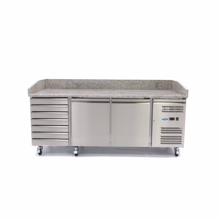 MAXIMA Gastro Pizzakühltisch - 202 cm - 2 Türen - Passt 5 x 1/6 GN - 7 Schubladen