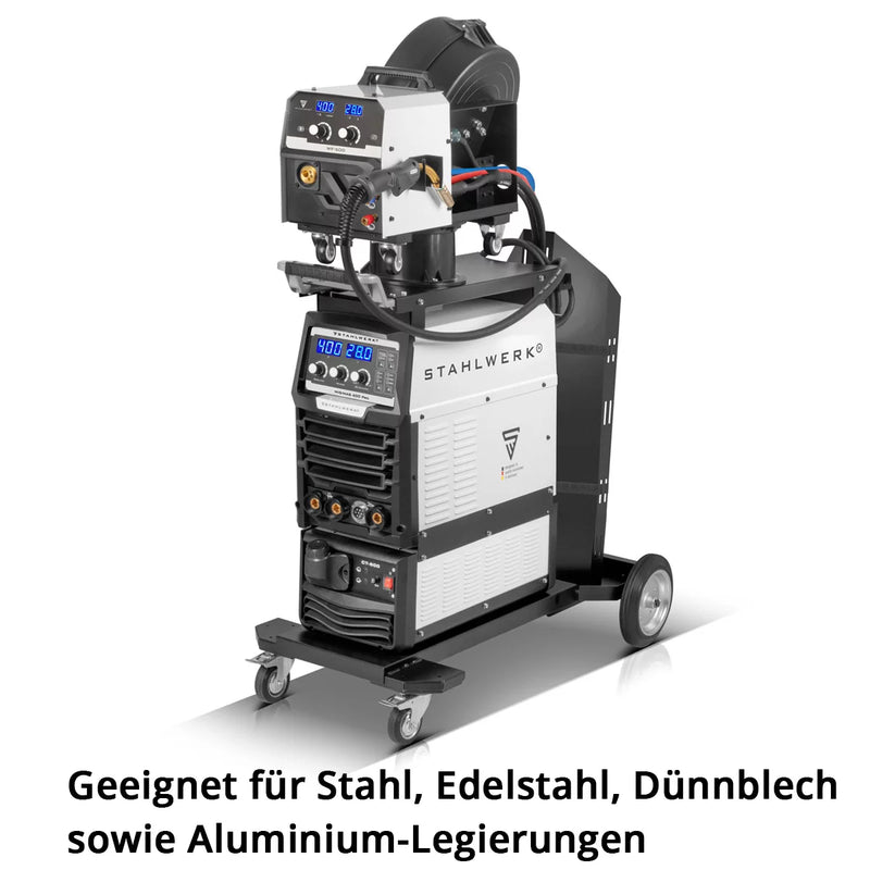 STAHLWERK Schweißgerät MIG MAG 400 Pro Vollausstattung Vollsynergischer, wassergekühlter IGBT Inverter mit 400 A und Puls-Funktion 3-in-1 Kombi-Schweißanlage MIG MAG | MMA | Lift-TIG