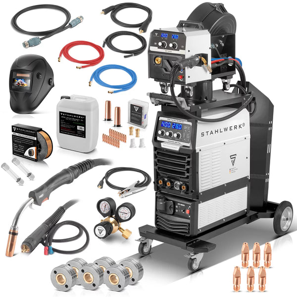 STAHLWERK Schweißgerät MIG MAG 400 Pro Vollausstattung Vollsynergischer, wassergekühlter IGBT Inverter mit 400 A und Puls-Funktion 3-in-1 Kombi-Schweißanlage MIG MAG | MMA | Lift-TIG