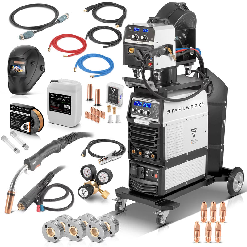STAHLWERK Schweißgerät MIG MAG 400 Pro Vollausstattung Vollsynergischer, wassergekühlter IGBT Inverter mit 400 A und Puls-Funktion 3-in-1 Kombi-Schweißanlage MIG MAG | MMA | Lift-TIG