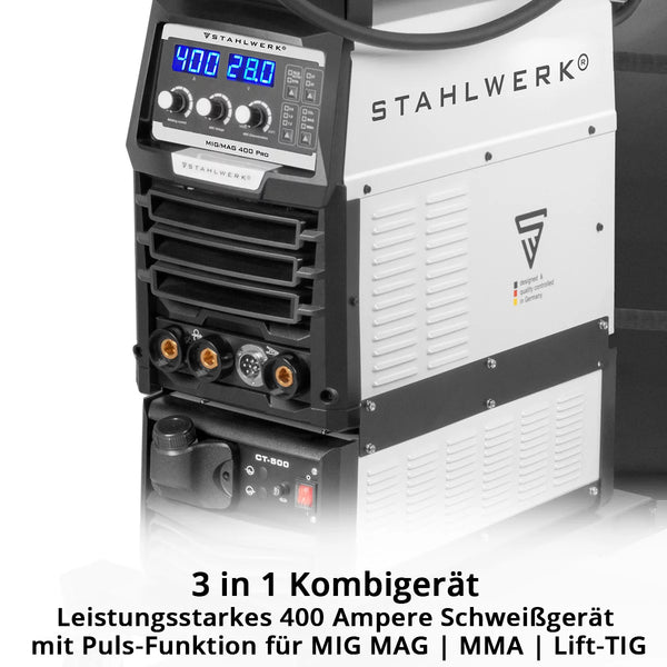 STAHLWERK Schweißgerät MIG MAG 400 Pro Vollsynergischer, wassergekühlter IGBT Inverter mit 400 A und Puls-Funktion 3-in-1 Kombi-Schweißanlage MIG MAG | MMA | Lift-TIG