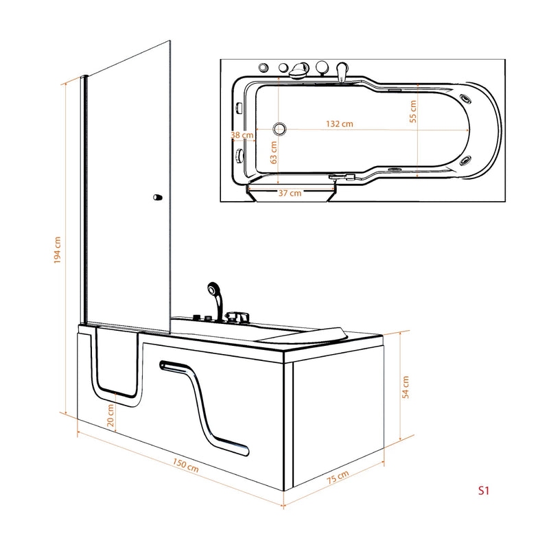 Acqua Vapore Seniorendusche Kombi Duschkabine Whirlpool Seniorenwanne mit Tür S17D-TH-WP-R 75x150 cm