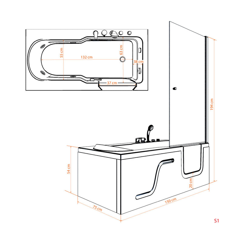 Acqua Vapore Seniorendusche Kombi Duschkabine Whirlpool Seniorenwanne mit Tür S17D-WP-L-EC 150x75x194 cm MIT 2K Scheiben Versiegelung