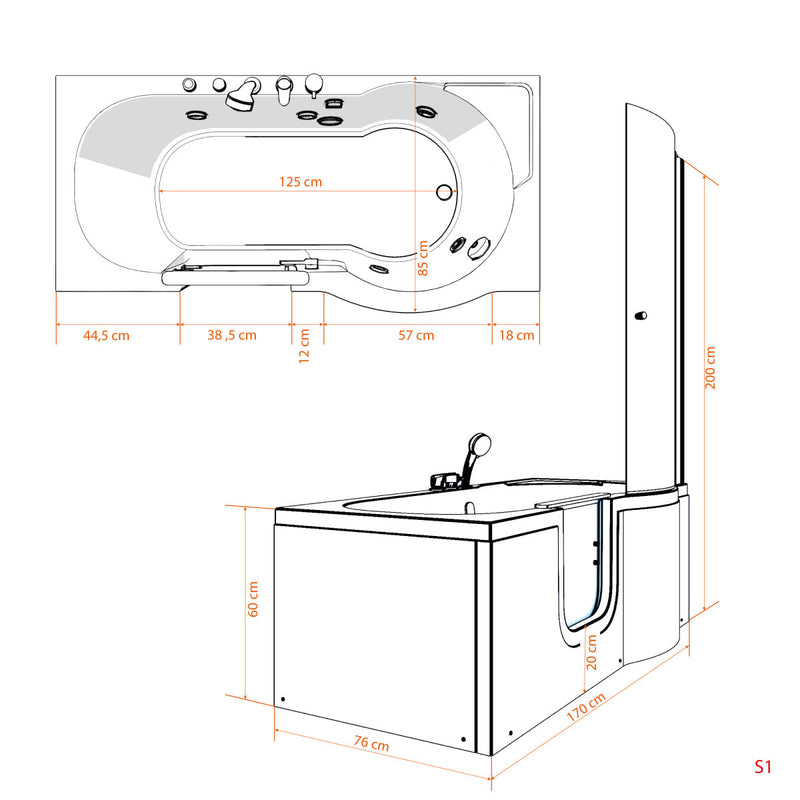 Acqua Vapore Seniorendusche und Badewanne mit Tür S12D-TH-L-EC Dusche 170x85cm mit 2K Scheiben Versiegelung