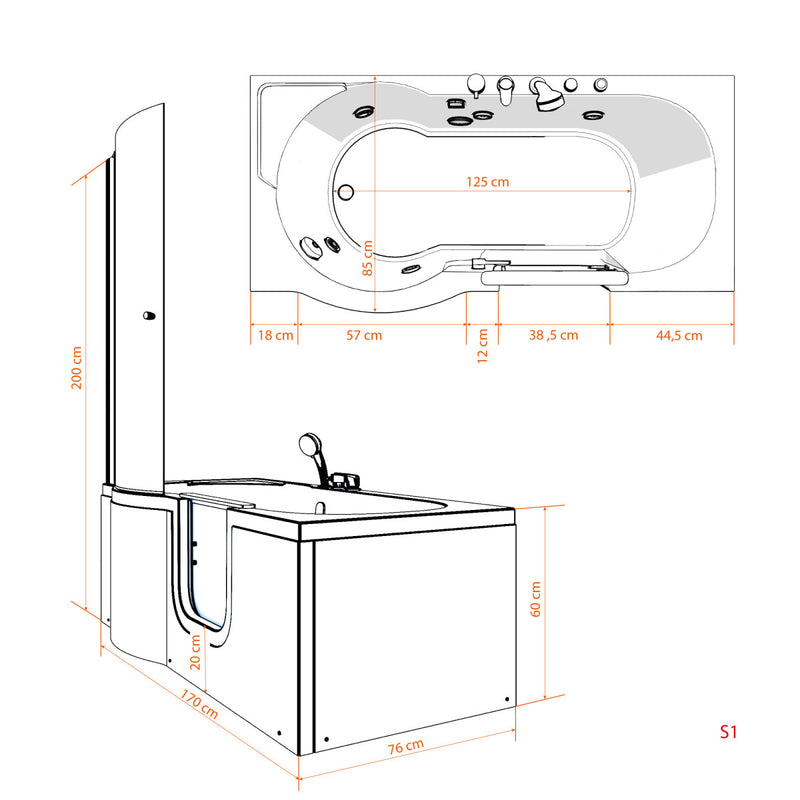 Acqua Vapore Seniorendusche und Badewanne mit Tür S12D-TH-R Dusche 85x170cm ohne 2K Scheiben Versiegelung