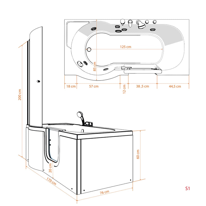 Acqua Vapore Seniorendusche und Wanne mit Whirlpool S12D-AIR-R Dusche 85x170cm ohne 2K Scheiben Versiegelung OHNE 2K Scheiben Versiegelung