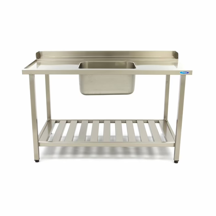 MAXIMA Gastro Geschirrspültisch - 140 x 75 cm - links - mit Waschbecken und Backsplash - inkl. Lagerregal