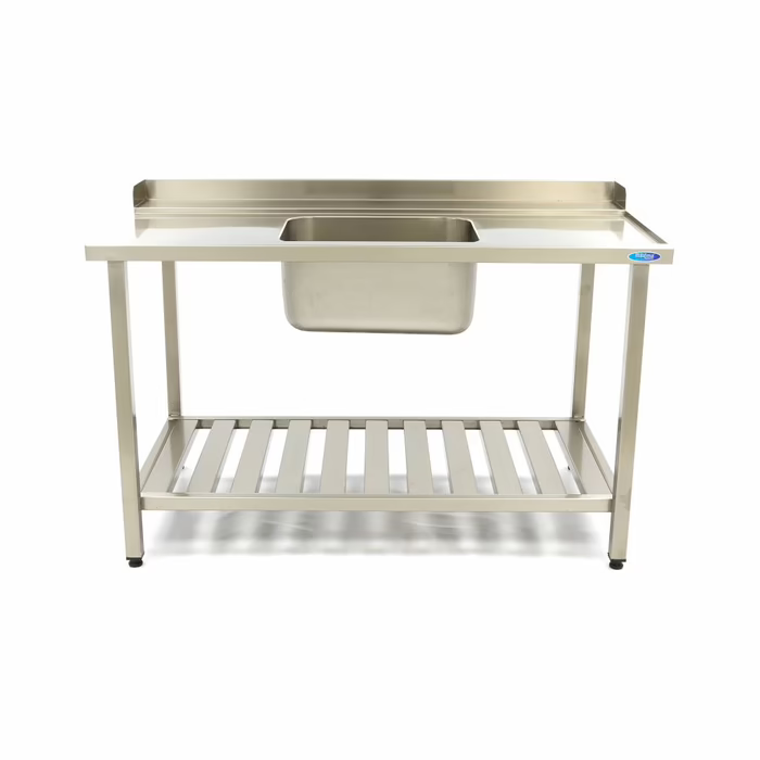 MAXIMA Gastro Geschirrspültisch - 120 x 75 cm - rechts - mit Backsplash und Lagerregal