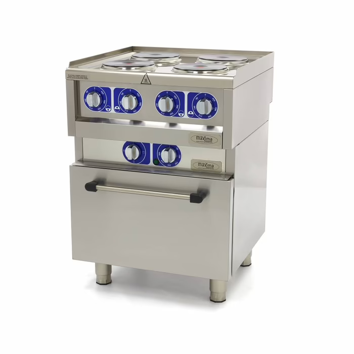 MAXIMA Commercial Klasse Gastro Kochplatte - Elektrisch - 600 x 600 mm tief - 4 Brenner - mit Ofen - 10000 Watt