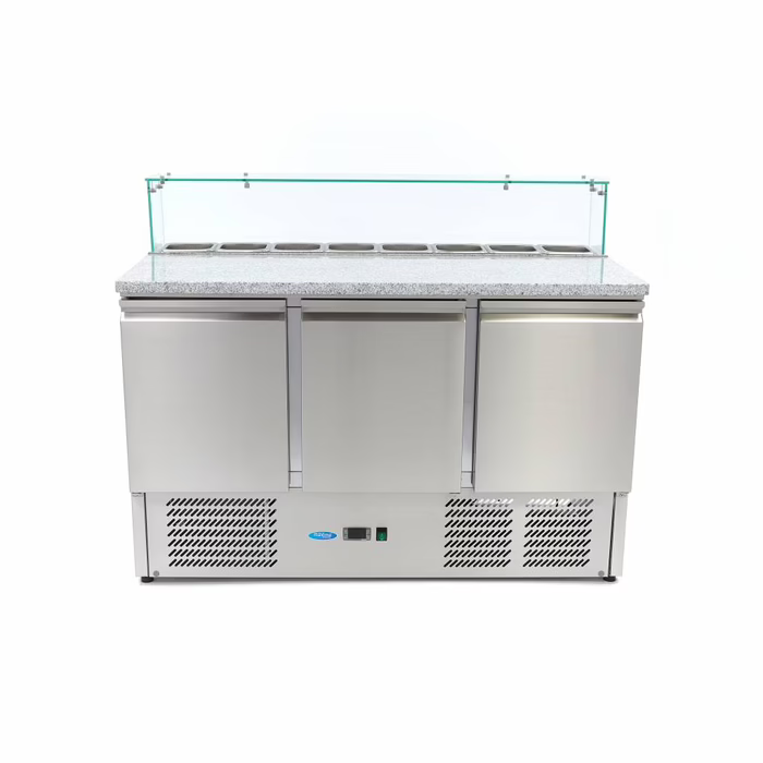 MAXIMA Gastro Pizzakühltisch - 137 cm - 3 Türen - Passt 8 x 1/6 GN - inkl. Glasabdeckung