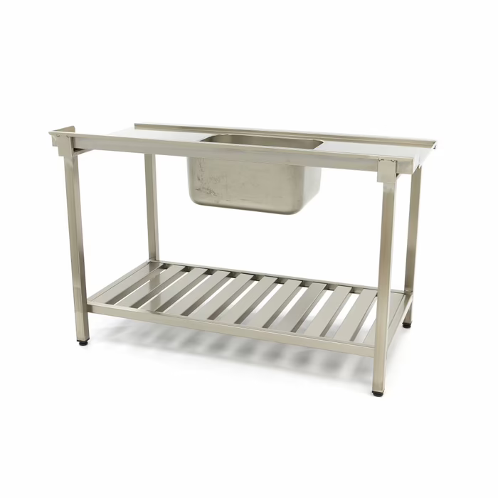 MAXIMA Gastro Geschirrspültisch - 140 x 75 cm - links - mit Waschbecken und Backsplash - inkl. Lagerregal