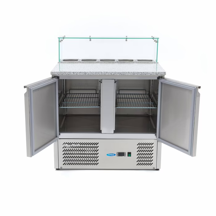 MAXIMA Gastro Pizzakühltisch - 90 cm - 2 Türen - Passt 5 x 1/6 GN - inkl. Glasabdeckung
