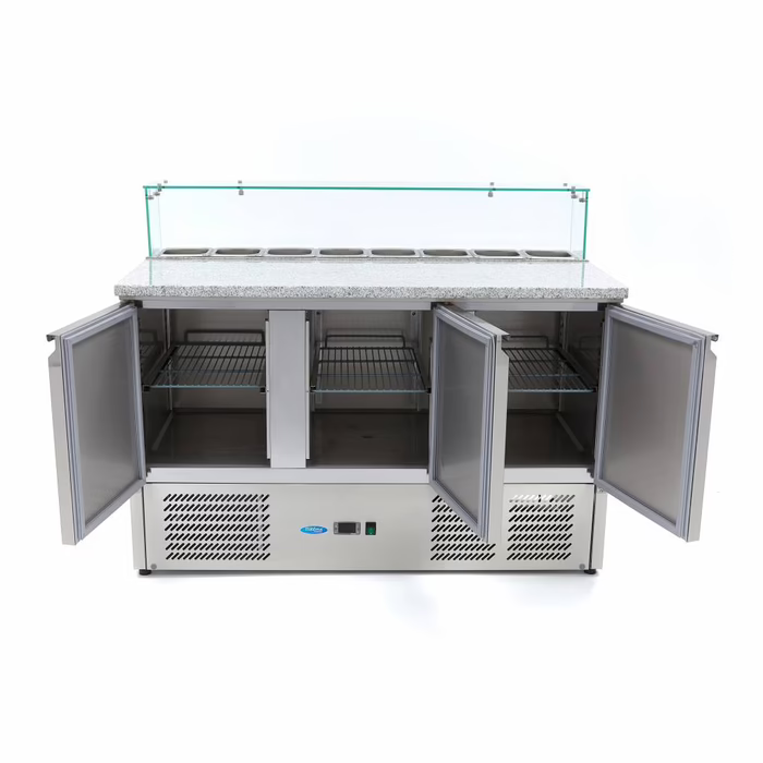 MAXIMA Gastro Pizzakühltisch - 137 cm - 3 Türen - Passt 8 x 1/6 GN - inkl. Glasabdeckung