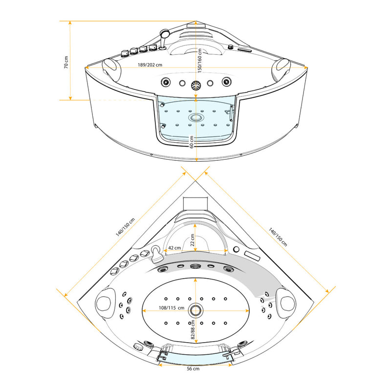 Acqua Vapore Whirlpool Pool Badewanne Eckwanne Wanne W60-TH 140x140cm mit Tür Walk-in-Pool passive Schlauch-Reinigung