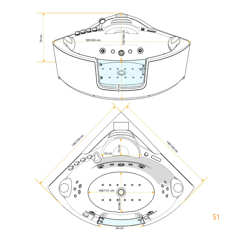 Acqua Vapore Whirlpool Pool Badewanne Eckwanne Wanne W60H 140x140cm mit Tür Walk-in-Pool passive Schlauch-Reinigung