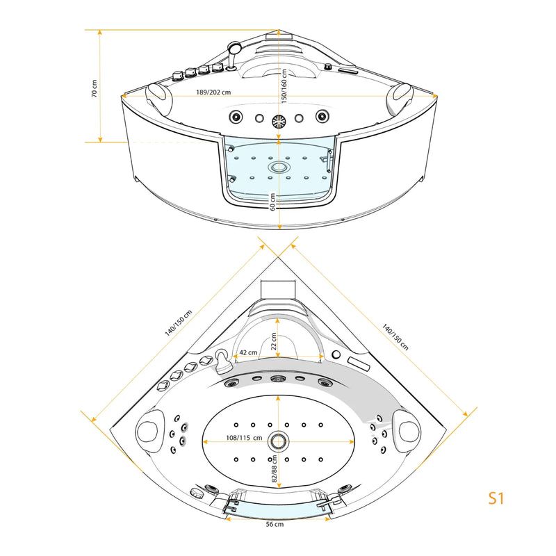 Acqua Vapore Whirlpool Pool Badewanne Eckwanne Wanne W60H-TH-SC 140x140cm mit Tür Walk-in-Pool aktive Schlauch-Reinigung