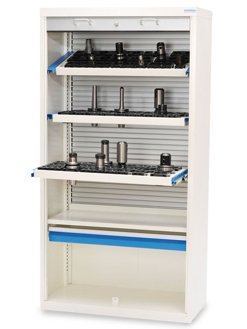 Bedrunka+Hirth CNC-Rolladenschrank mit Kunststoff-Rolladen, 3x Werkzeugaufnahmerahmen, 1x Fachboden, 1x Schublade