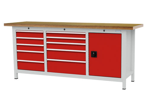 Bedrunka+Hirth box workbench, depth 600 mm R 18-16 and R 24-16, number of drawers: 10, number of hinged doors: 1, 1 x shelf