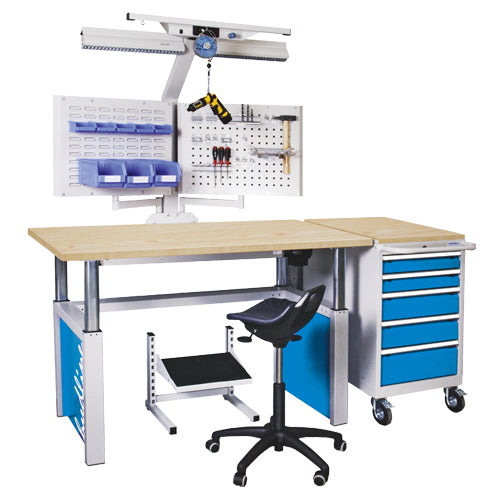 Bedrunka+Hirth Hydline combination with worktop beech multiplex 40 mm, width 1500, electric height adjustment, 1x tripod structure, 2x swivel arm, 1x mobile drawer cabinet