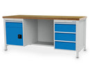 Bedrunka+Hirth box workbench width 2000 mm, R18-24, 4 x drawers, 1 x hinged door, 1 x half-depth steel shelf, rear wall