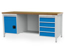 Bedrunka+Hirth box workbench width 2000 mm, R18-24, 5 x drawers, 1 x hinged door, 1 x half-depth steel shelf, rear wall
