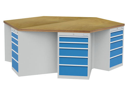 Bedrunka+Hirth hexagonal workbench, depth 736, R 18-24, number of drawers per cabinet: 5