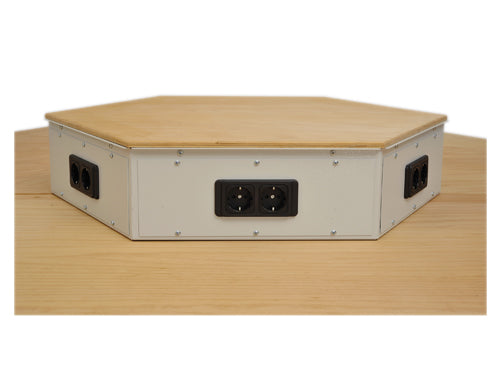 Bedrunka+Hirth hexagonal power attachment, 2 Schuko sockets per workstation, cover beech multiplex 25 mm