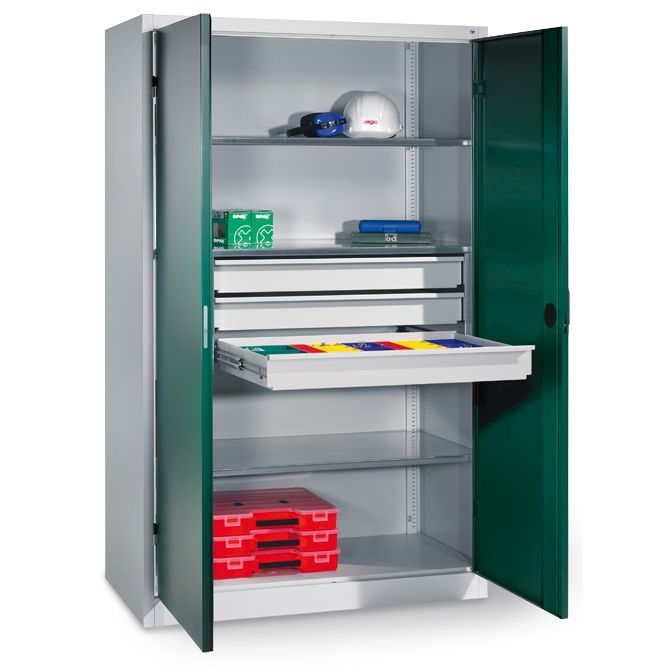 Bedrunka+Hirth Schwerlastschrank mit mittigem Schubladenblock, 3 x Verstellbare, verzinkte Fachböden