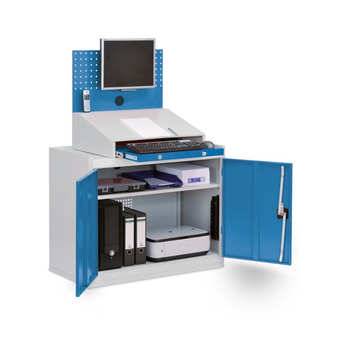 Armadio per computer Bedrunka+Hirth stazionario, profondità 500 mm, 2 ante a battente, 1 ripiano, 1 piano per scrittoio, 1 estraibile per tastiera, 1 pannello forato con supporto per schermo piatto