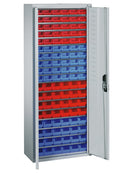 Bedrunka+Hirth cupboard with visible storage boxes, 17x shelves, 30x size 1 red, 30x size 1 blue, 24x size 2 red, 24x size 2 blue