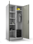 Bedrunka+Hirth cleaning material and wardrobe, clothes file division, left 4 shelves, right hat shelf, underneath clothes rail with 3 x sliding hooks, 2 x hinged doors