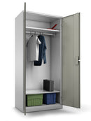 Bedrunka+Hirth plastering material and wardrobe, top hat shelf, clothes rail underneath, storage shelf below, 2 x double doors