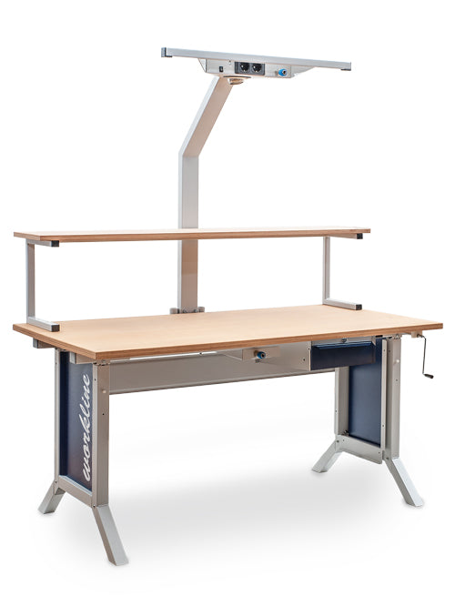 Bedrunka+Hirth workline basic table combination, crank adjustment, 1x worktop beech multiplex, 1x underhang block, 1x shelf 3rd level, 1x assembly frame
