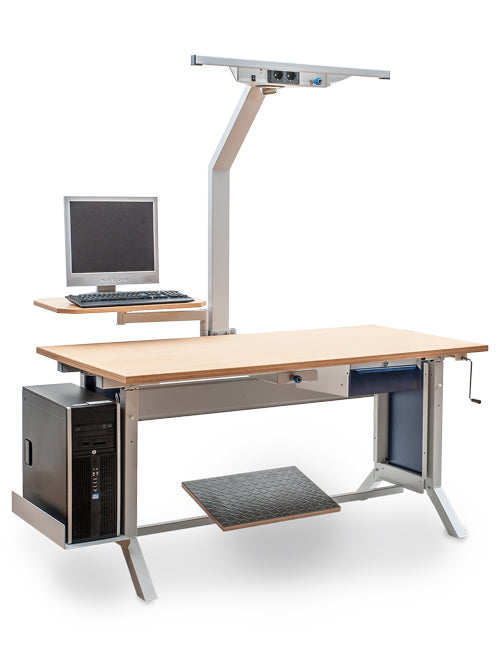 Bedrunka+Hirth workline basic table combination, clamp lock, 1x worktop beech multiplex, 1x underhang block, 1x PC holder on the side, 1x footrest, 1x assembly frame