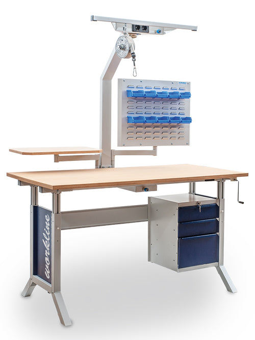 Bedrunka+Hirth workline basic table combination, clamp lock, 1x worktop beech multiplex, 1x underhang block, 1x assembly frame