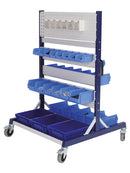 Bedrunka+Hirth workraster-Mobil double-sided, 2x perforated wall, 4x container carriers, 2x shelves