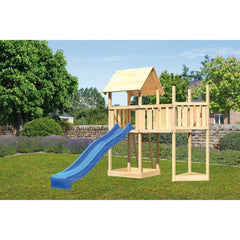 Akubi Kinderspielturm "Lotti" Satteldach SET naturbelassen mit Schiffsanbau oben,  Anbauplattform, Rutsche blau – Vorschau 1