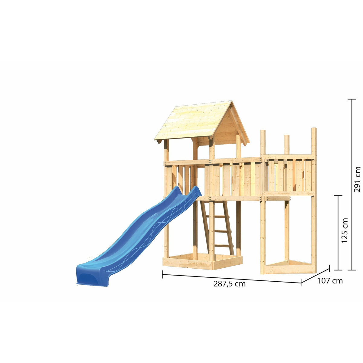 Akubi Kinderspielturm "Lotti" Satteldach SET naturbelassen mit Schiffsanbau oben,  Anbauplattform, Rutsche blau