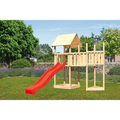 Akubi Kinderspielturm "Lotti" Satteldach SET naturbelassen mit Schiffsanbau oben,  Anbauplattform, Rutsche rot – Vorschau 1