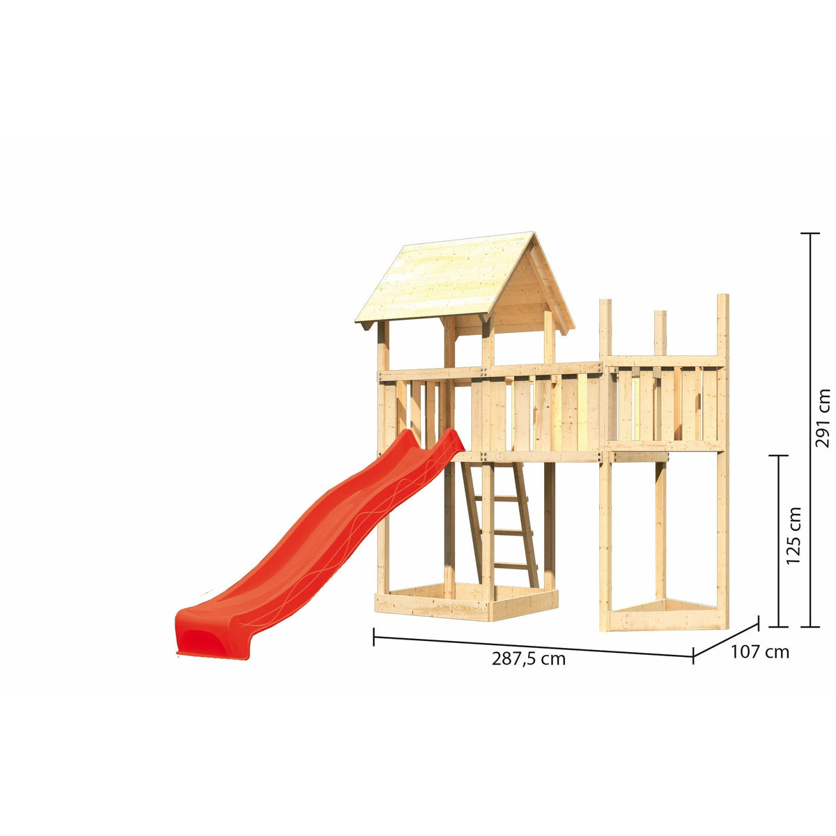 Akubi Kinderspielturm "Lotti" Satteldach SET naturbelassen mit Schiffsanbau oben,  Anbauplattform, Rutsche rot