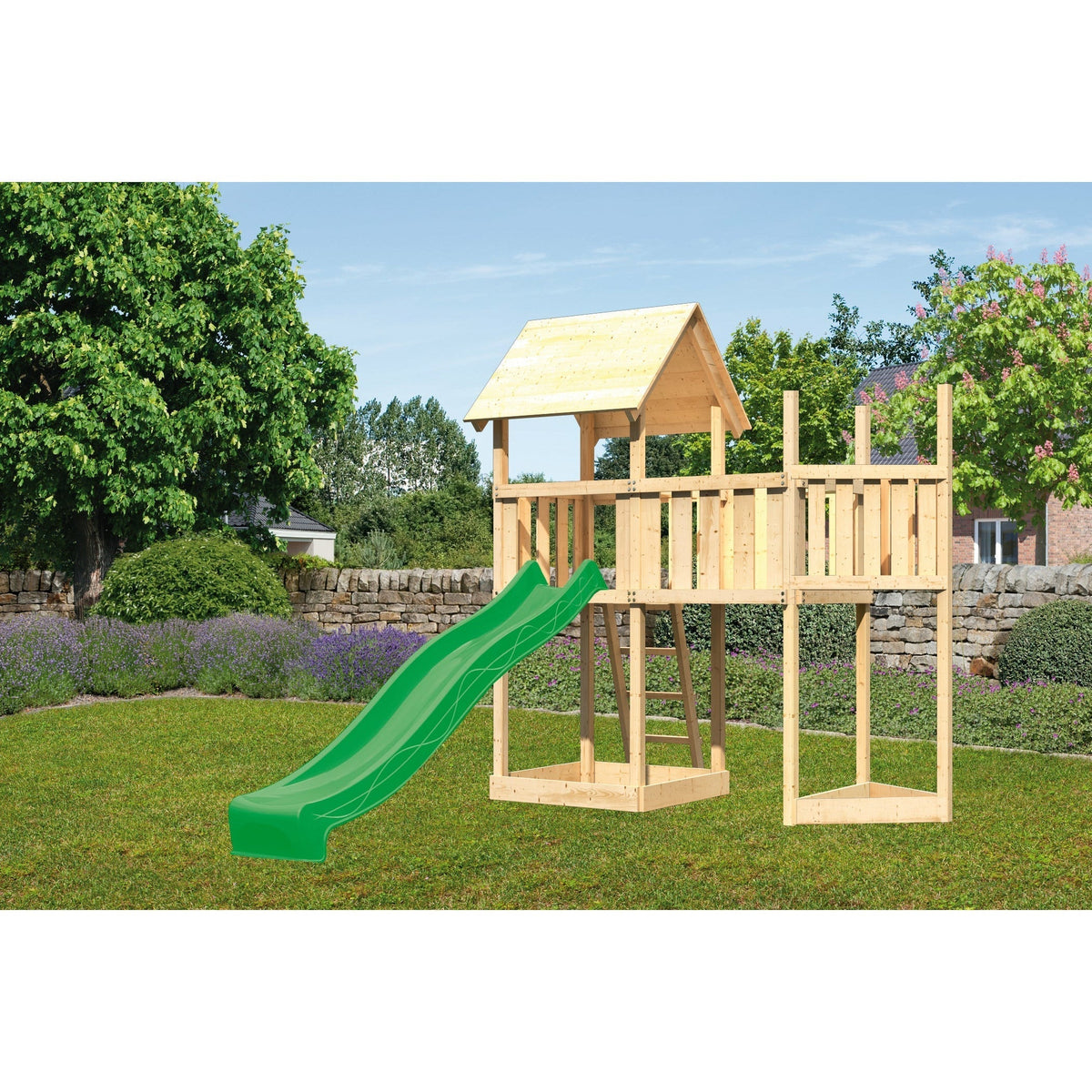 Akubi children's play tower "Lotti" saddle roof SET natural with ship's attachment above, extension platform, slide green