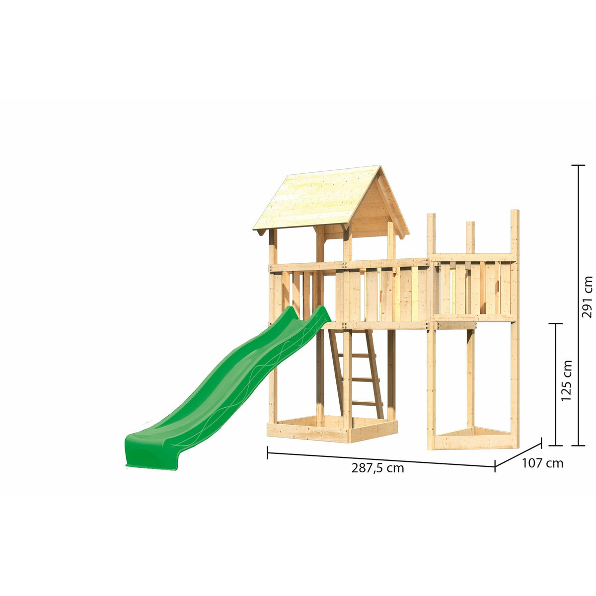 Akubi children's play tower "Lotti" saddle roof SET natural with ship's attachment above, extension platform, slide green