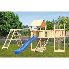 Akubi children's play tower "Lotti" gable roof SET natural with ship's extension above, extension XL, wave slide blue, climbing wall, net ramp DS-Kletter – Vorschau 1