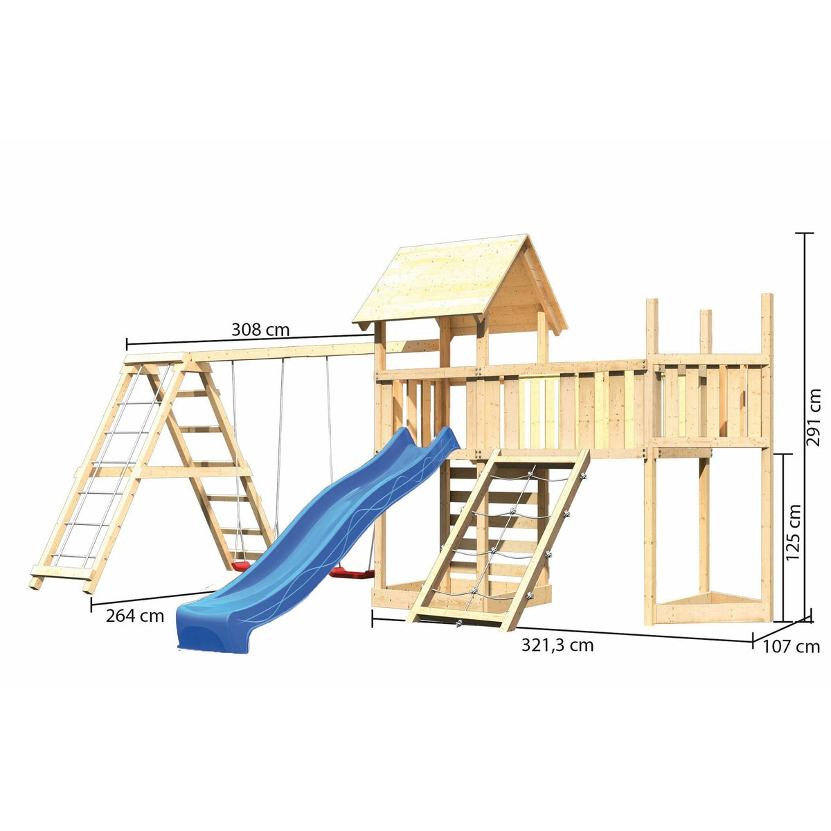 Akubi children's play tower "Lotti" gable roof SET natural with ship's extension above, extension XL, wave slide blue, climbing wall, net ramp DS-Kletter